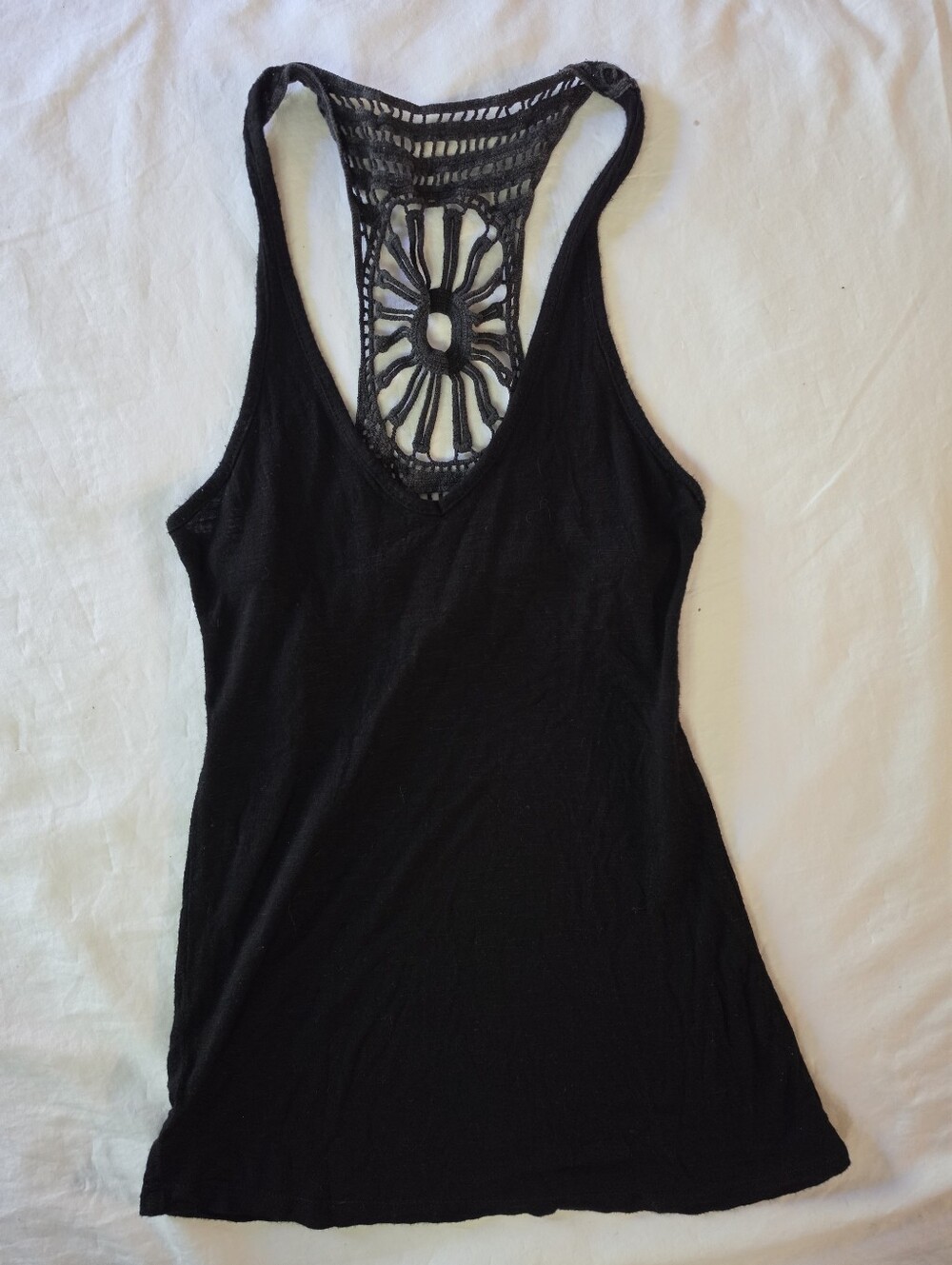 Love on a Hanger Black Rayon Tank Top Crochet Lace Web Racerback Size XS Goth